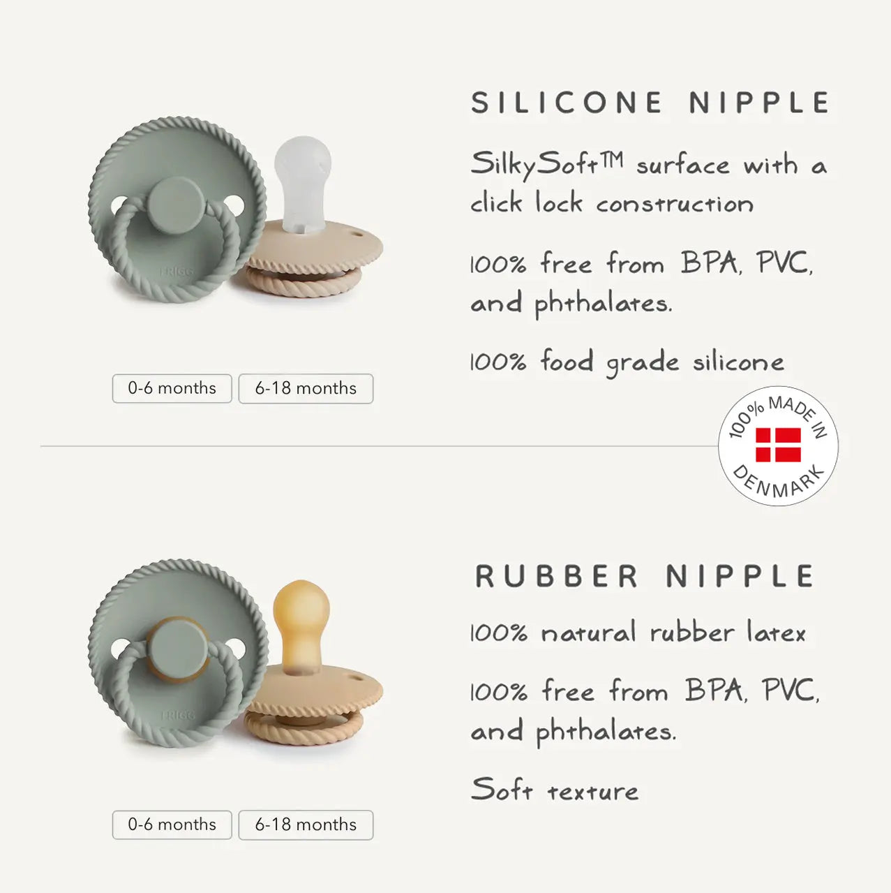Frigg Rope Silicone Pacifier 2 Pack with SilkySoft Nipple and Click Lock System Mushie
