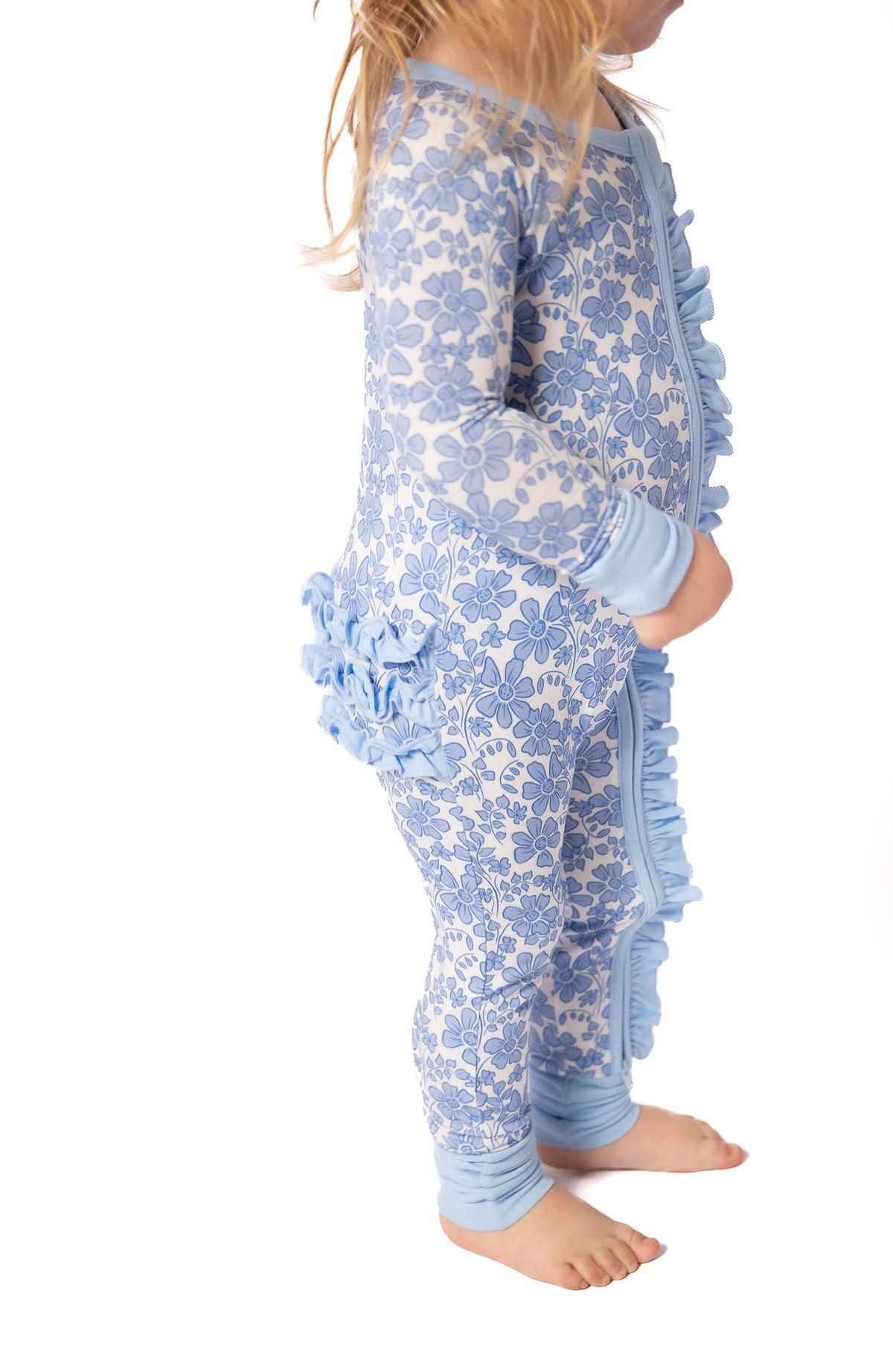 Blue Bonnet Bamboo Floral Onesie | Double Zip & Frills | Mommy & Me by Rayn’s Tiny Stitches