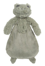 Soft green frog toy sitting upright with a friendly face