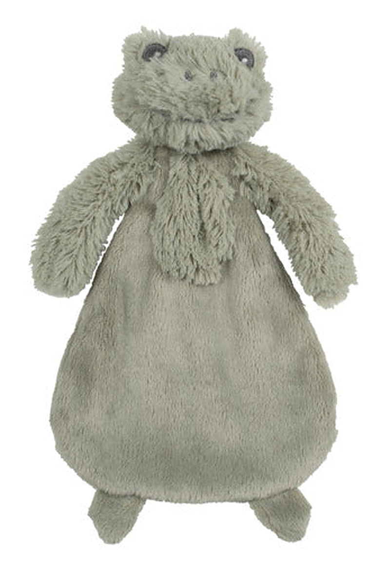 Soft green frog toy sitting upright with a friendly face