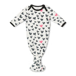 Baby gown with heart pattern, overlap shoulder, tie bottom, and fold-over hand mittens