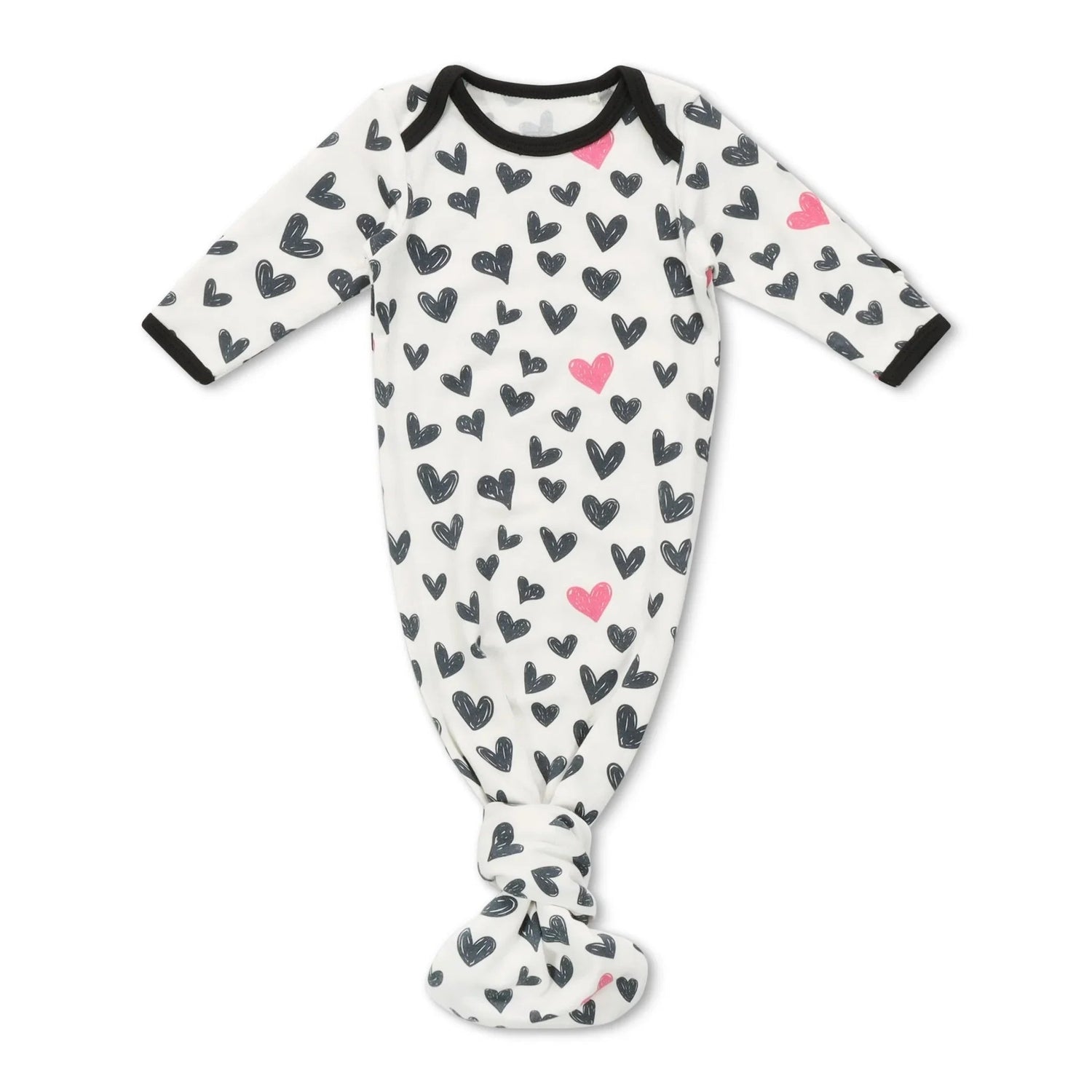Baby gown with heart pattern, overlap shoulder, tie bottom, and fold-over hand mittens
