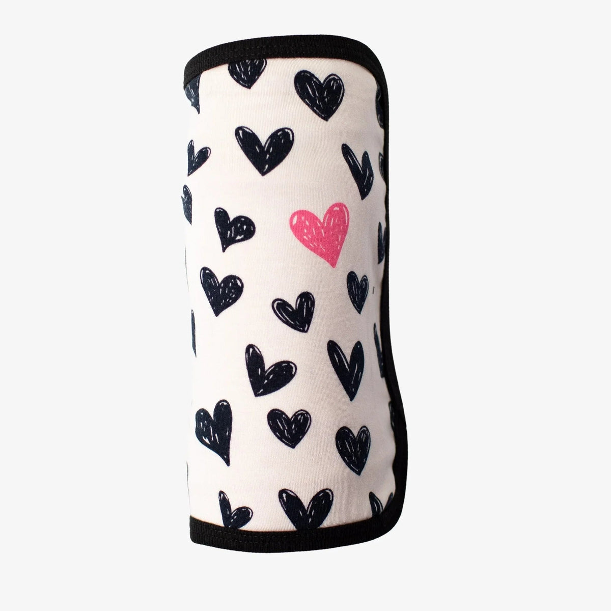 Swaddle blanket in pink with a polka dot heart pattern, laid out flat