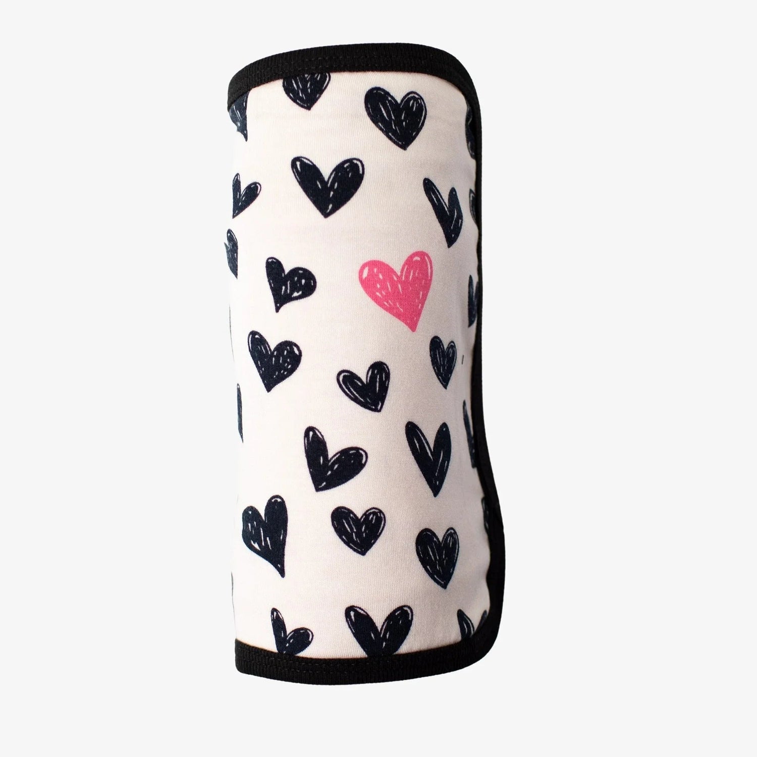 Swaddle blanket in pink with a polka dot heart pattern, laid out flat