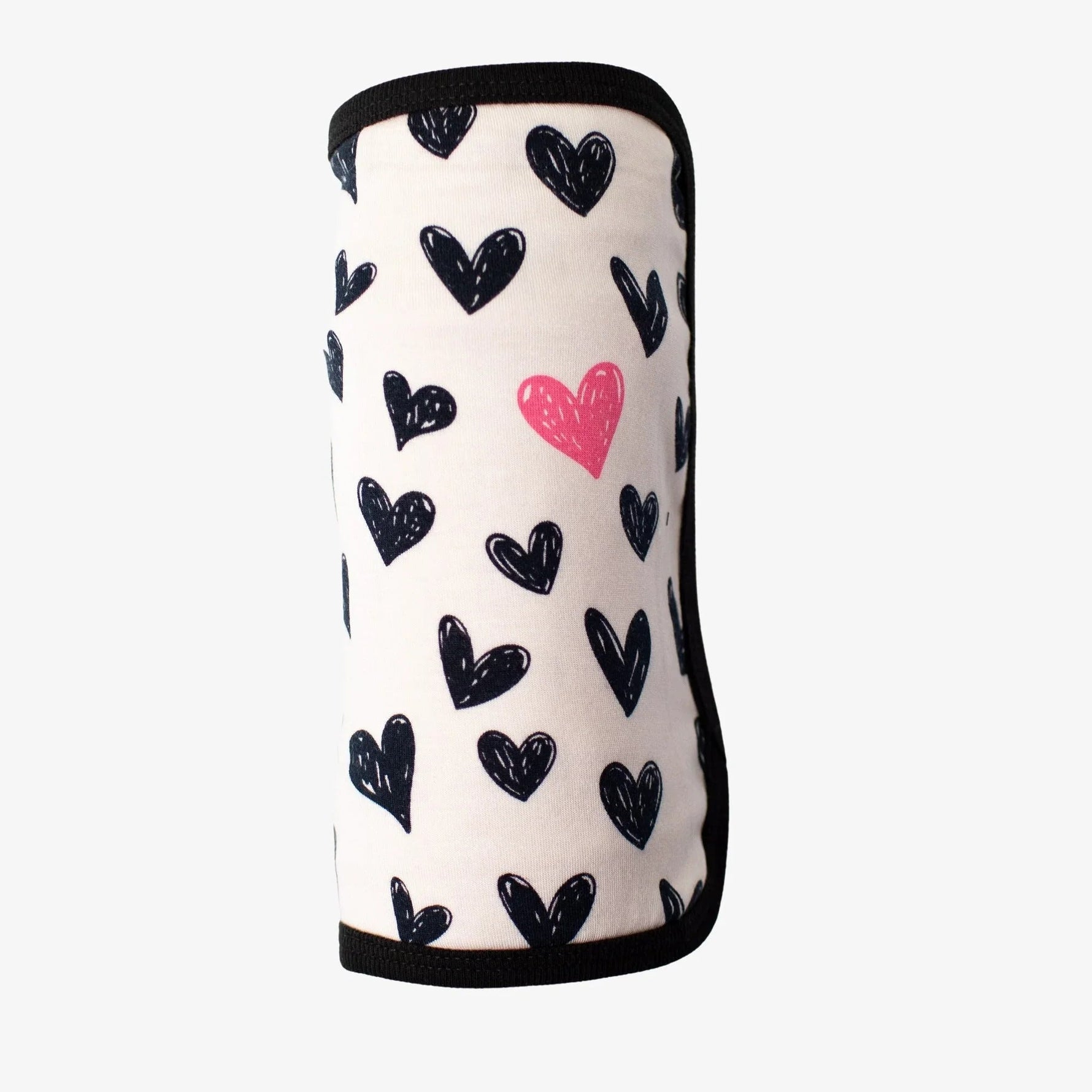 Swaddle blanket in pink with a polka dot heart pattern, laid out flat