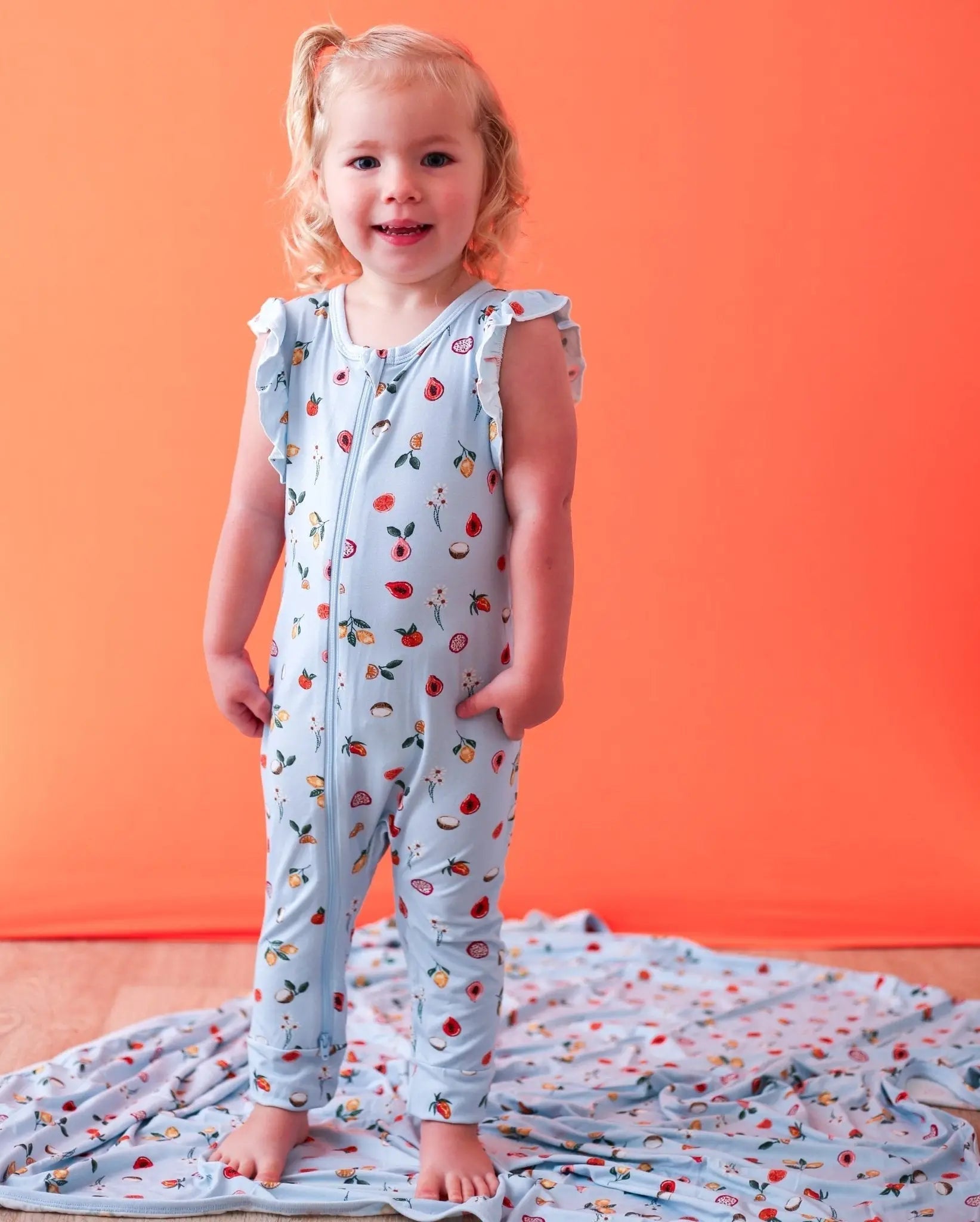 Bestaroo Fruit Frenzy Bamboo Spandex Romper With Flutter Sleeves And Dual Zippers - 