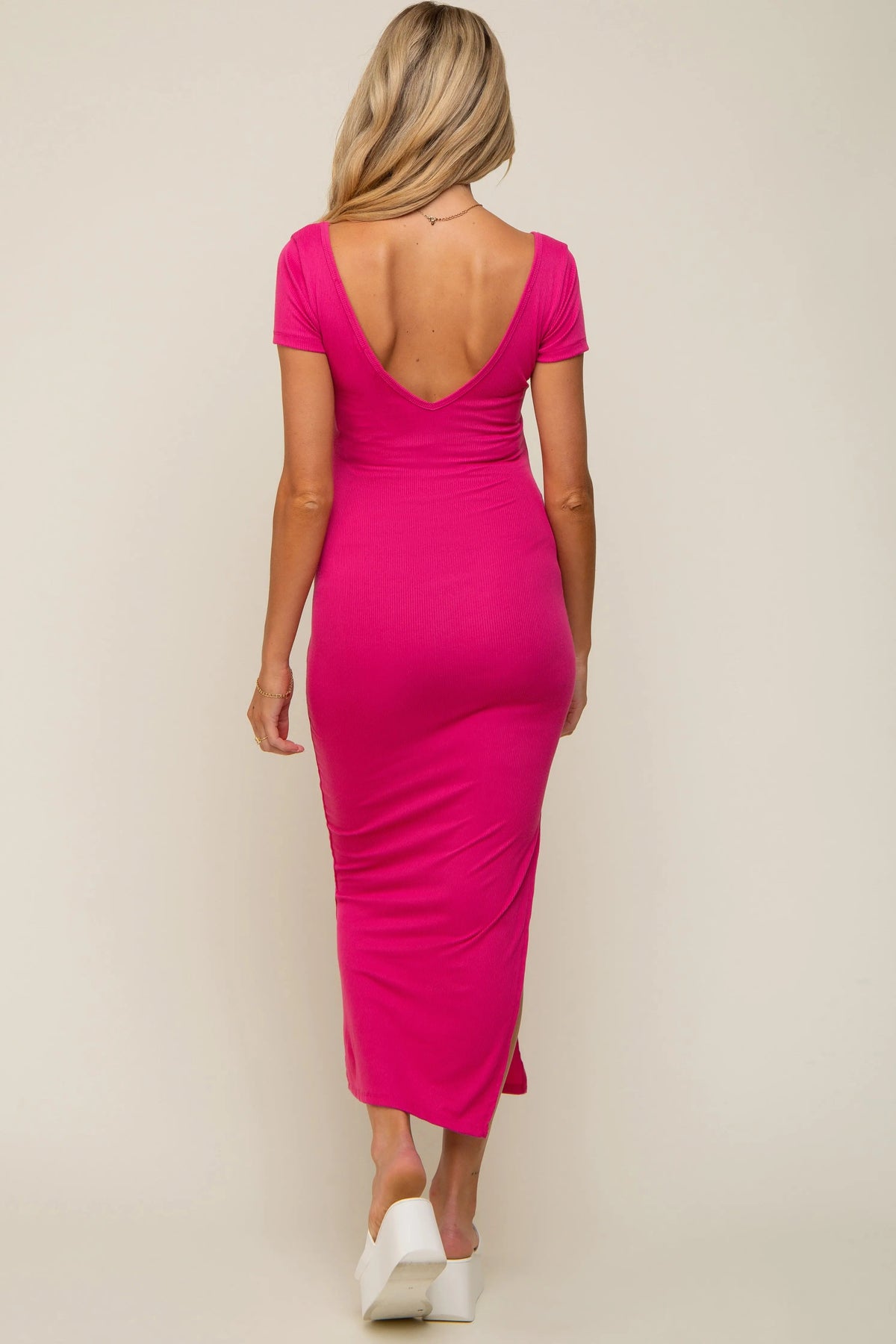 PinkBlush Fuchsia Basic Ribbed Side Slit Maternity Midi Dress - 