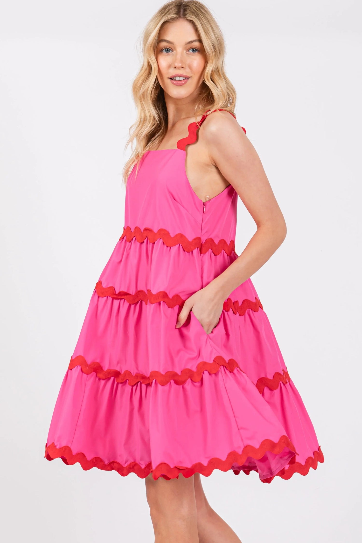 PinkBlush Fuchsia Contrast Trim Tiered Dress - 
