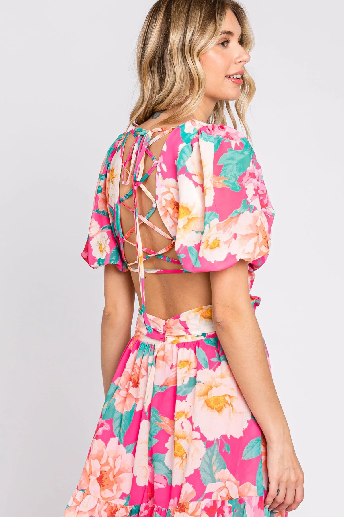 PinkBlush Fuchsia Floral Chiffon Front Sweetheart Neck Lace - Up Back Tiered Maxi Dress - 