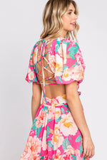 PinkBlush Fuchsia Floral Chiffon Front Sweetheart Neck Lace - Up Back Tiered Maxi Dress - 