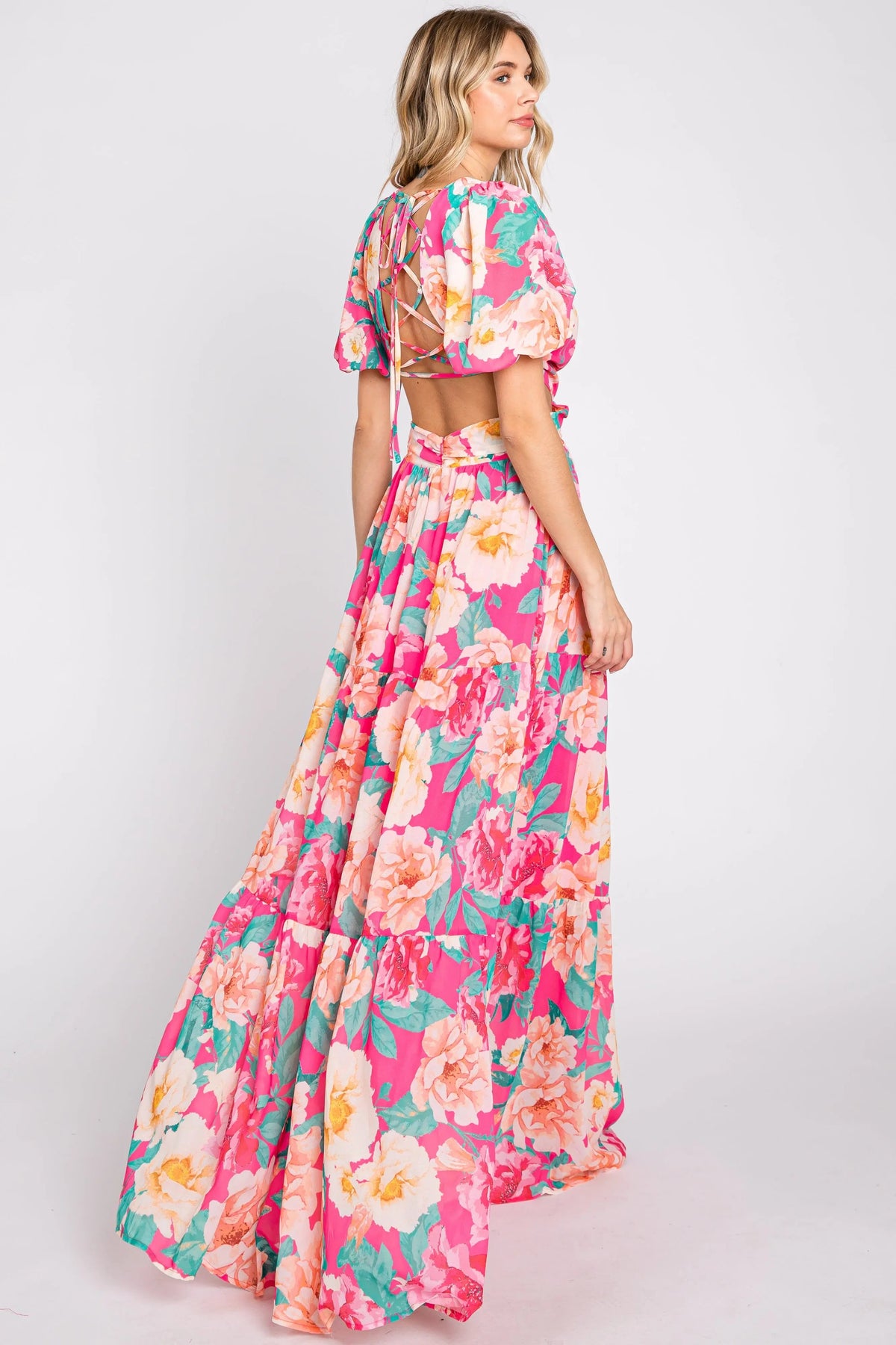 PinkBlush Fuchsia Floral Chiffon Front Sweetheart Neck Lace - Up Back Tiered Maxi Dress - 