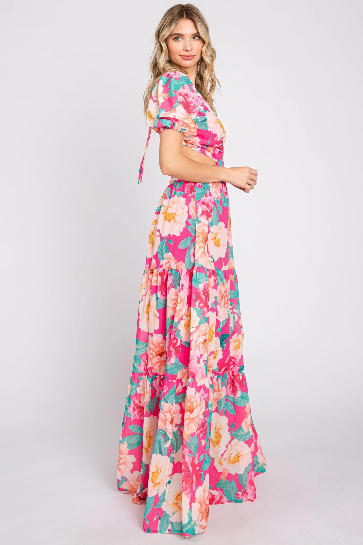PinkBlush Fuchsia Floral Chiffon Front Sweetheart Neck Lace - Up Back Tiered Maxi Dress - 