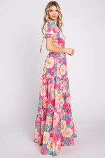 PinkBlush Fuchsia Floral Chiffon Front Sweetheart Neck Lace - Up Back Tiered Maxi Dress - 