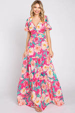 PinkBlush Fuchsia Floral Chiffon Front Sweetheart Neck Lace - Up Back Tiered Maxi Dress - 