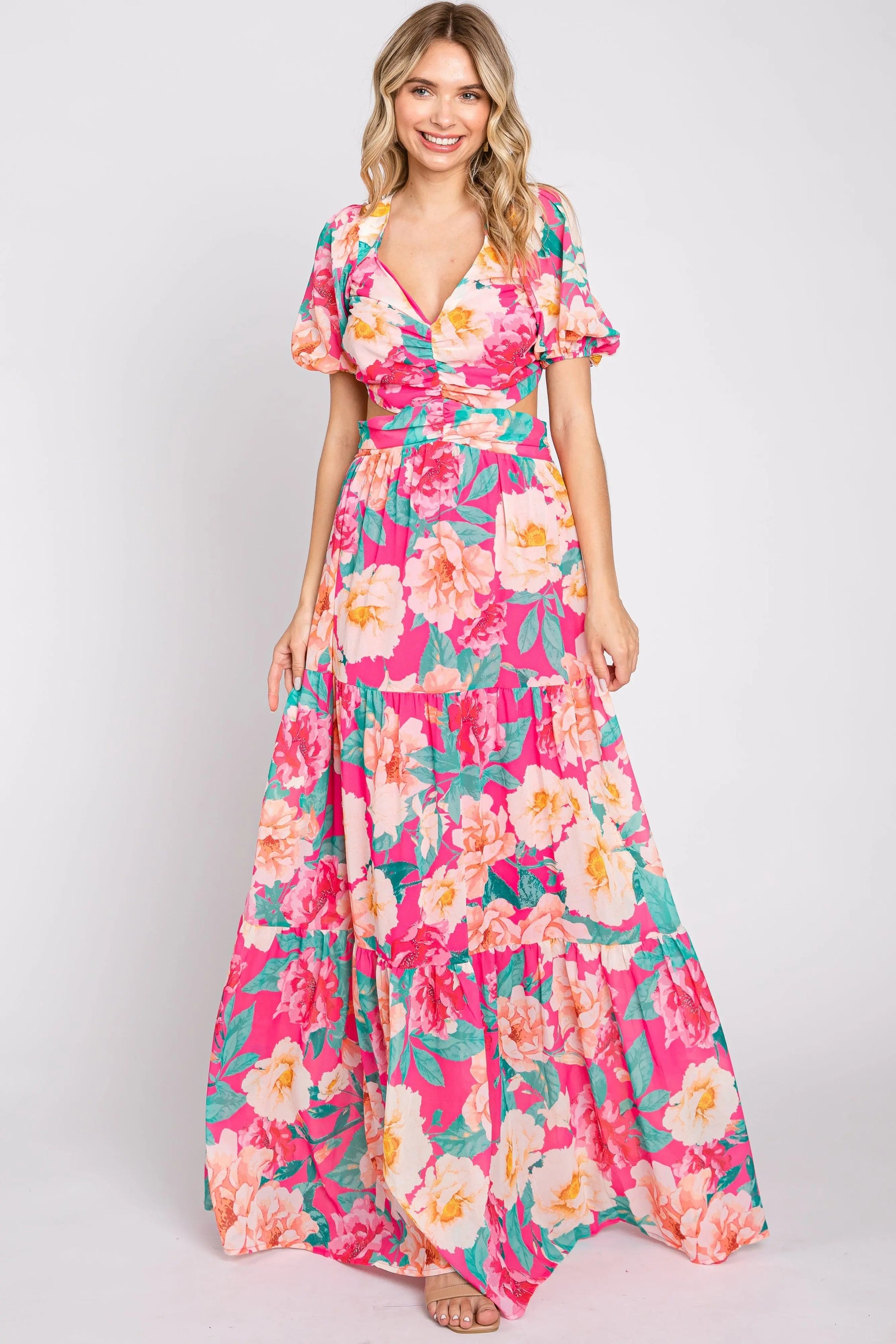 PinkBlush Fuchsia Floral Chiffon Front Sweetheart Neck Lace - Up Back Tiered Maxi Dress - 