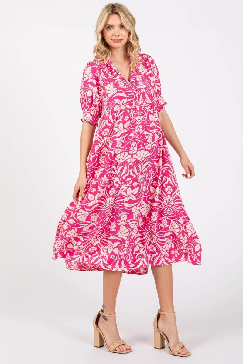 PinkBlush Fuchsia Floral Maternity Midi Dress with V Neckline for Modern Moms - 