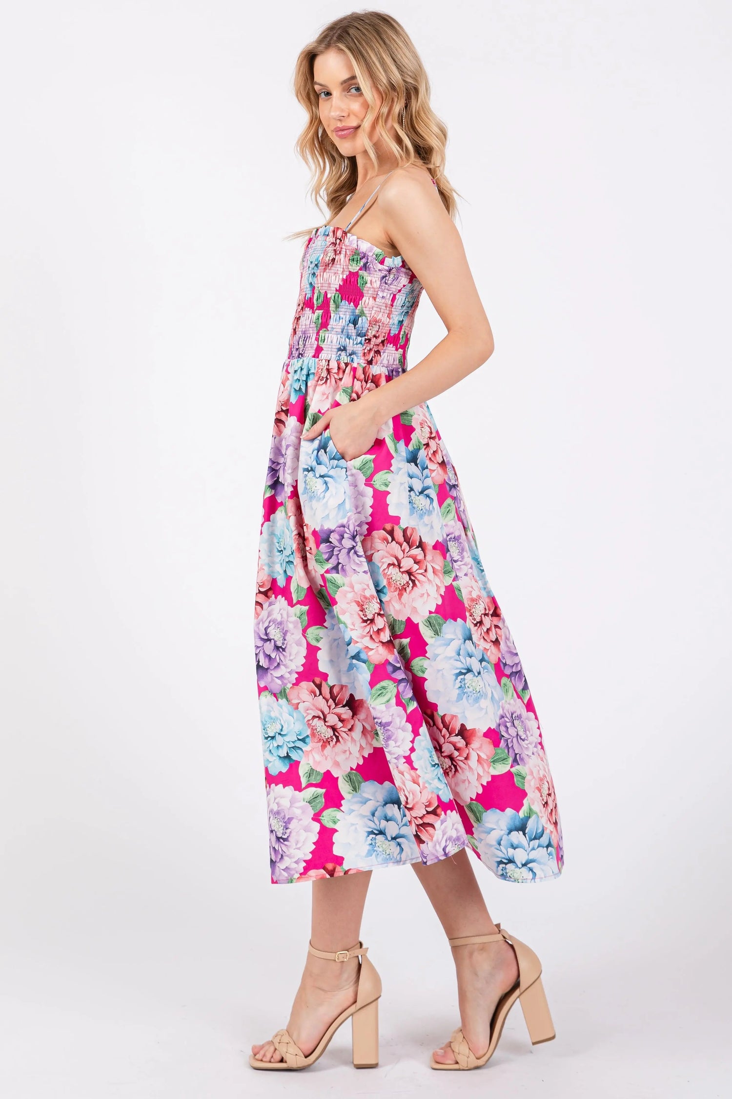 PinkBlush Fuchsia Floral Smocked Midi Dress - 