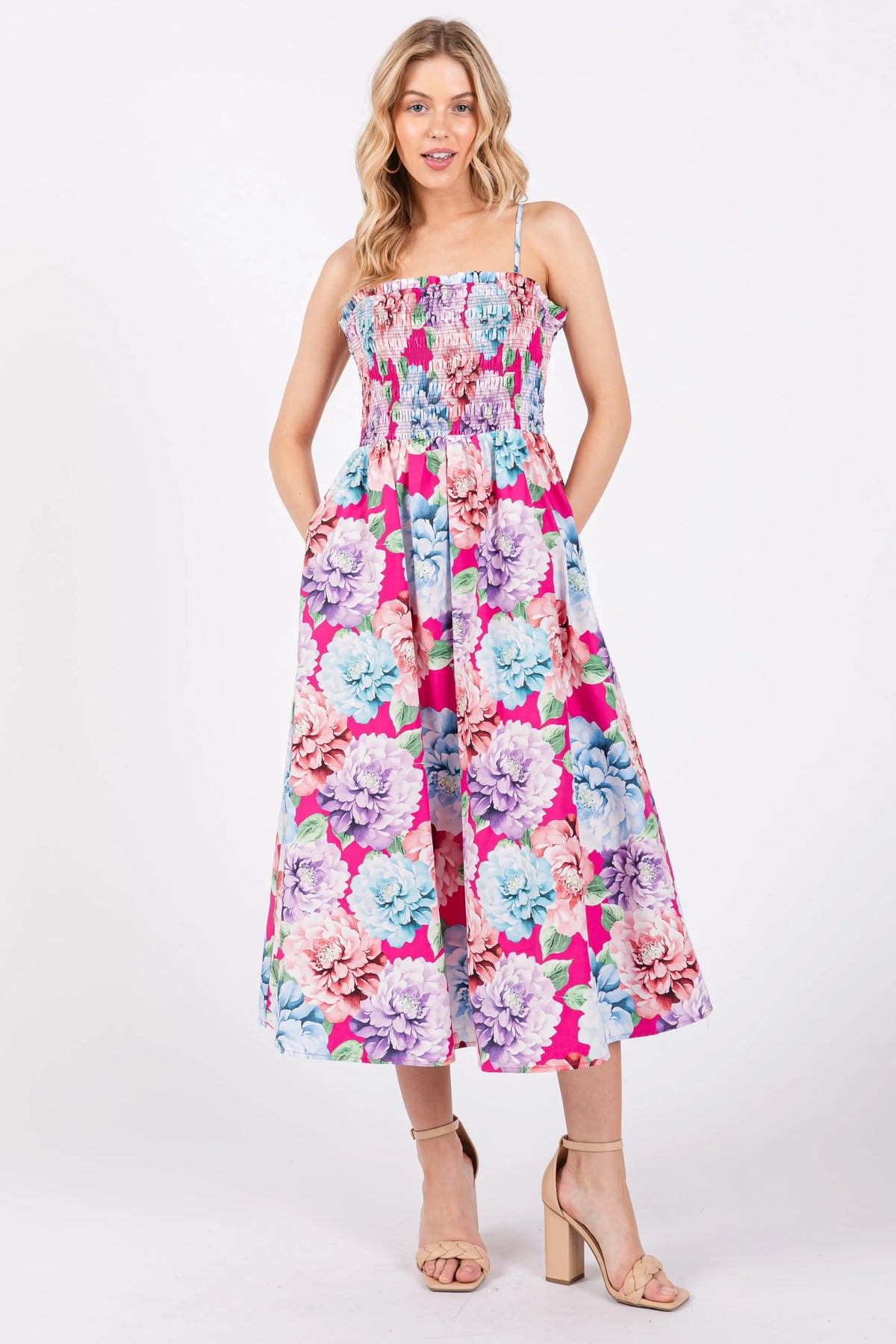 Fuchsia Floral Smocked Midi Dress - Day Dress, Pink, One-piece garment, Dress, Waist | Everetts Place