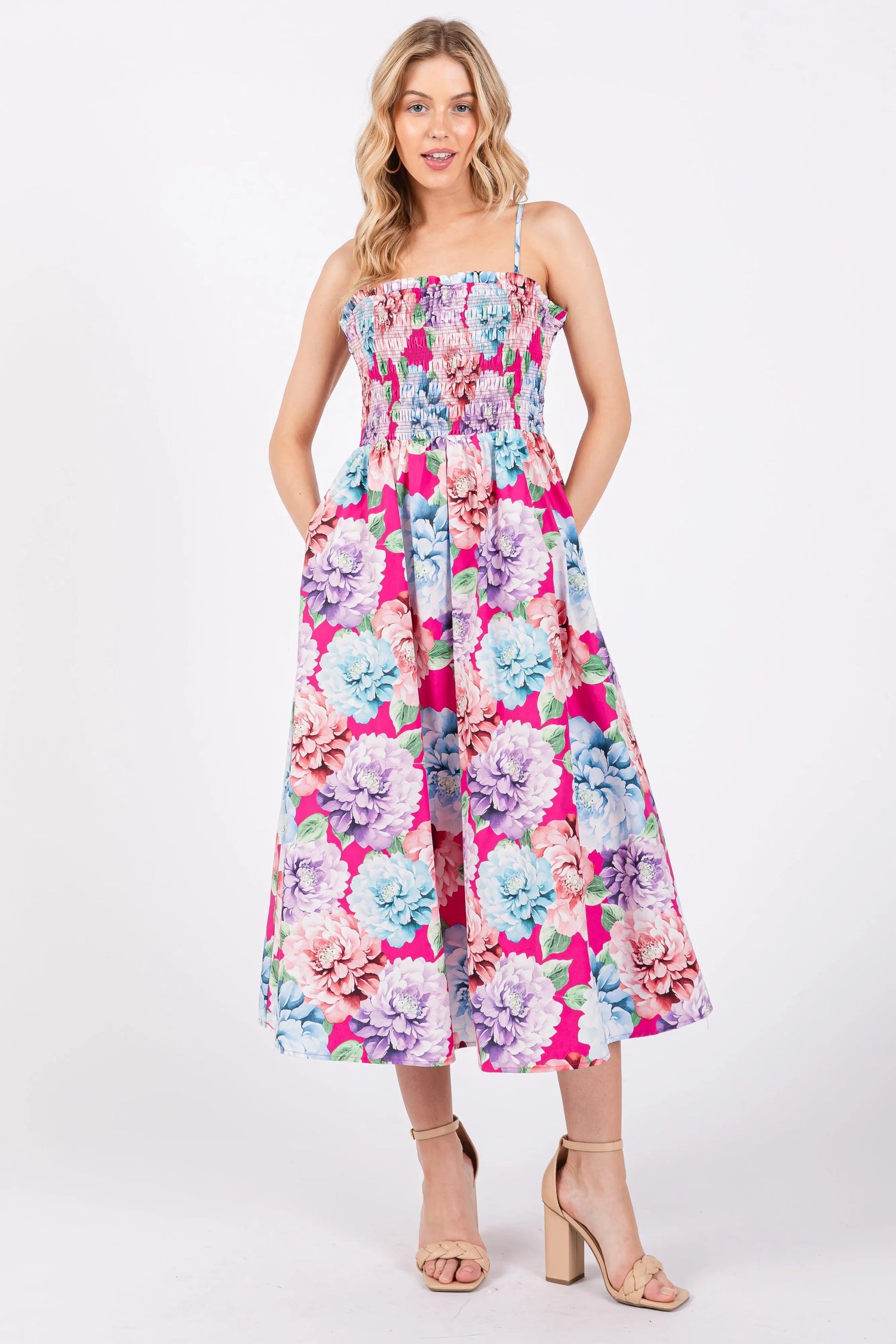 Fuchsia Floral Smocked Midi Dress - Day Dress, Pink, One-piece garment, Dress, Waist | Everetts Place