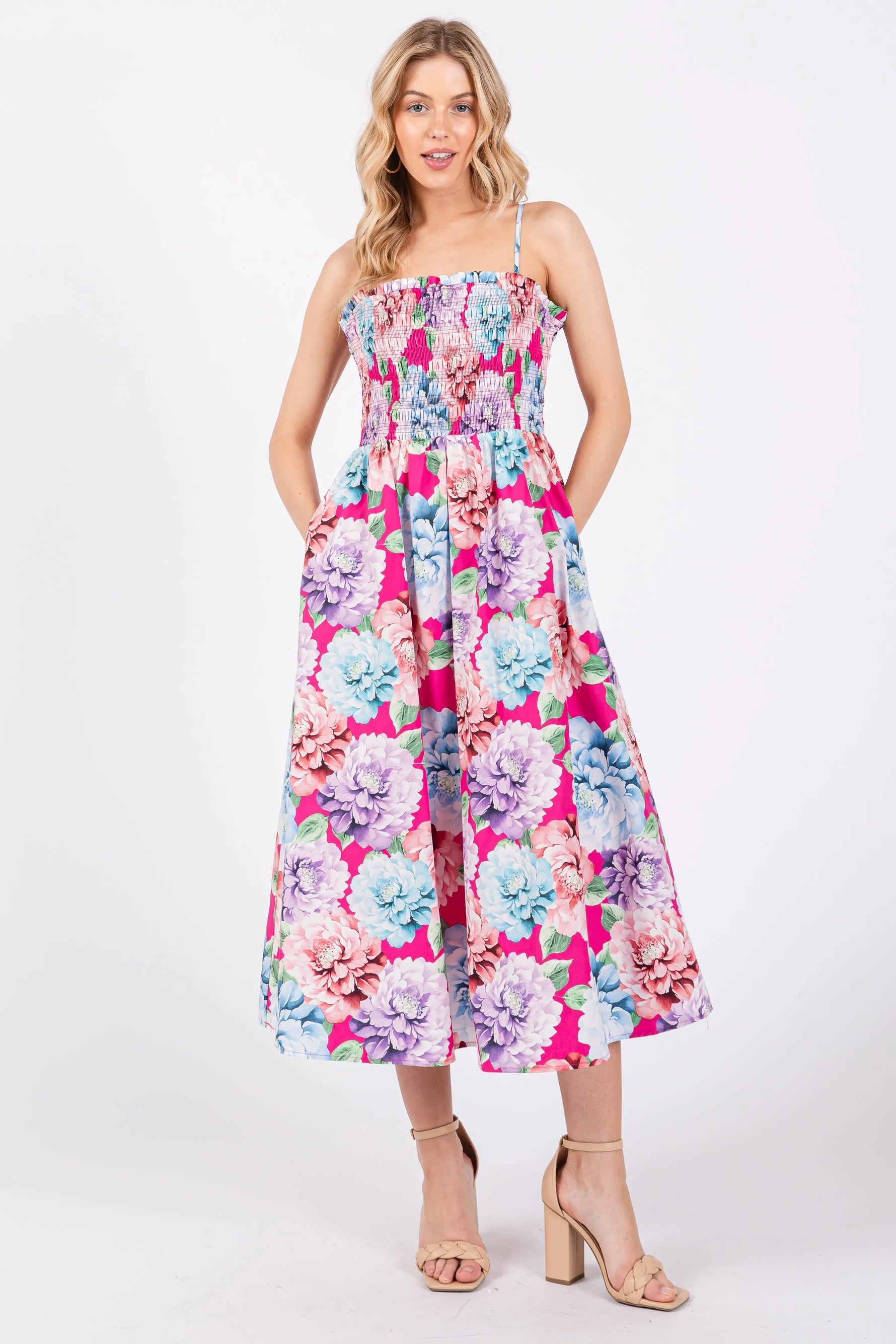 Fuchsia Floral Smocked Midi Dress - Day Dress, Pink, One-piece garment, Dress, Waist | Everetts Place