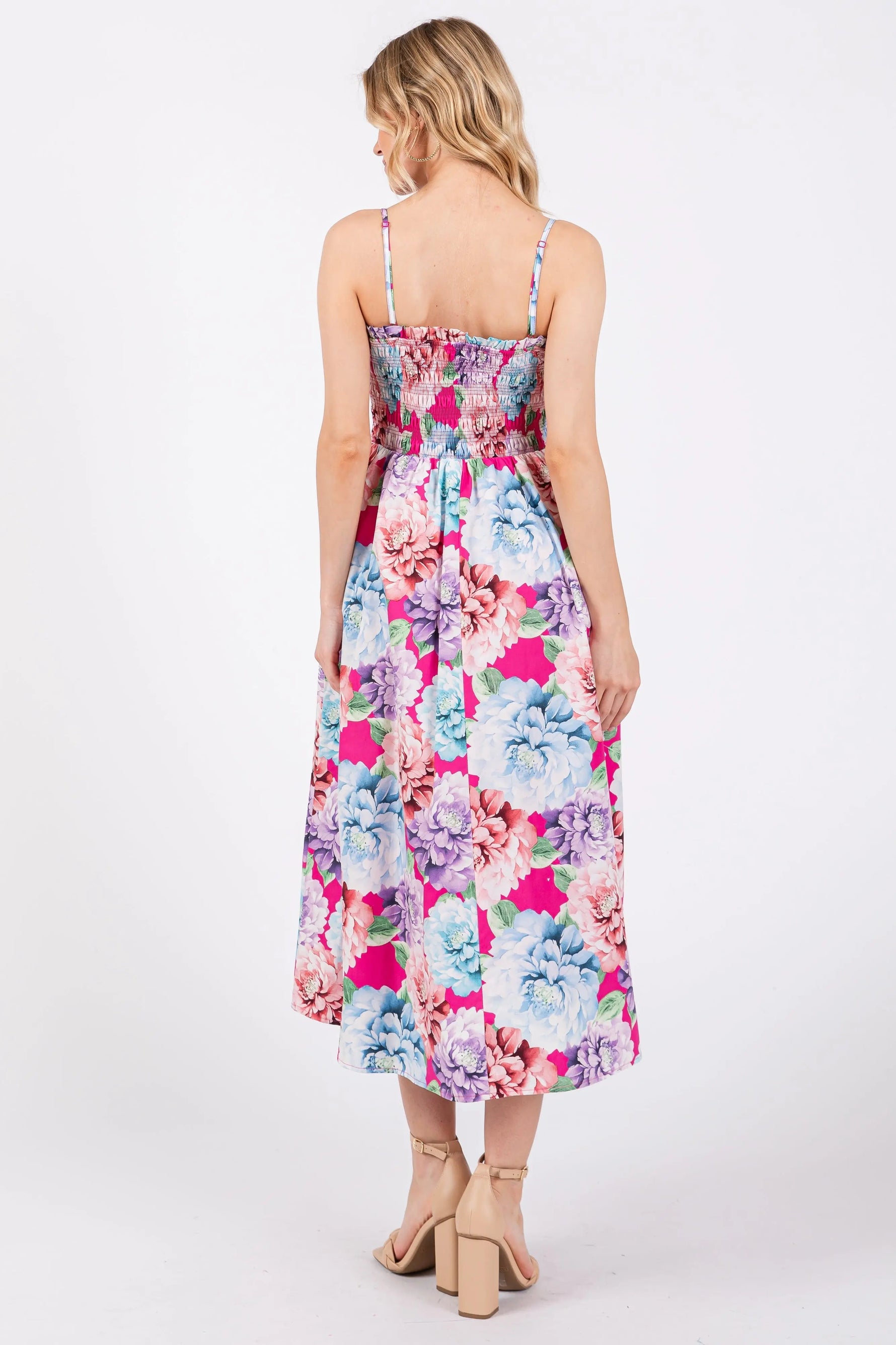 PinkBlush Fuchsia Floral Smocked Midi Dress - 