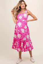 Fuchsia Floral Tiered Sleeveless Maternity Midi Dress - Pink, Day Dress, One-piece garment, Dress, Waist | Everetts Place