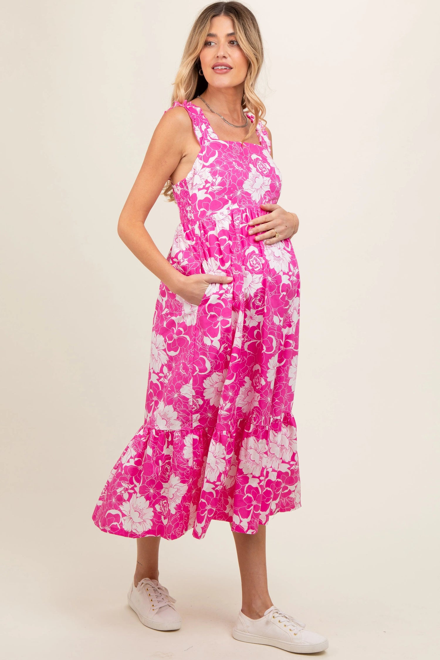 PinkBlush Fuchsia Floral Tiered Sleeveless Maternity Midi Dress - 