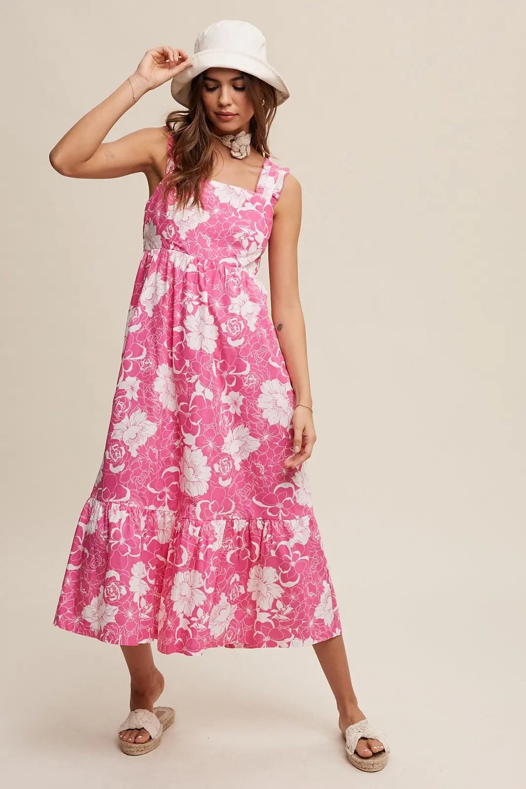 Fuchsia Floral Tiered Sleeveless Midi Dress - Pink, Day Dress, One-piece garment, Waist, Pattern | Everetts Place