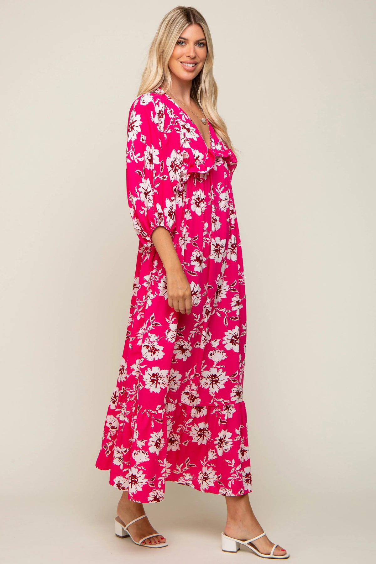 PinkBlush Fuchsia Floral V - Neck Dolman 3/4 Sleeve Midi Dress - 