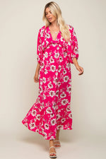 Fuchsia Floral V-Neck Dolman 3/4 Sleeve Midi Dress - Pink, Day Dress, Rose family, Geraniums, Dress | Everetts Place