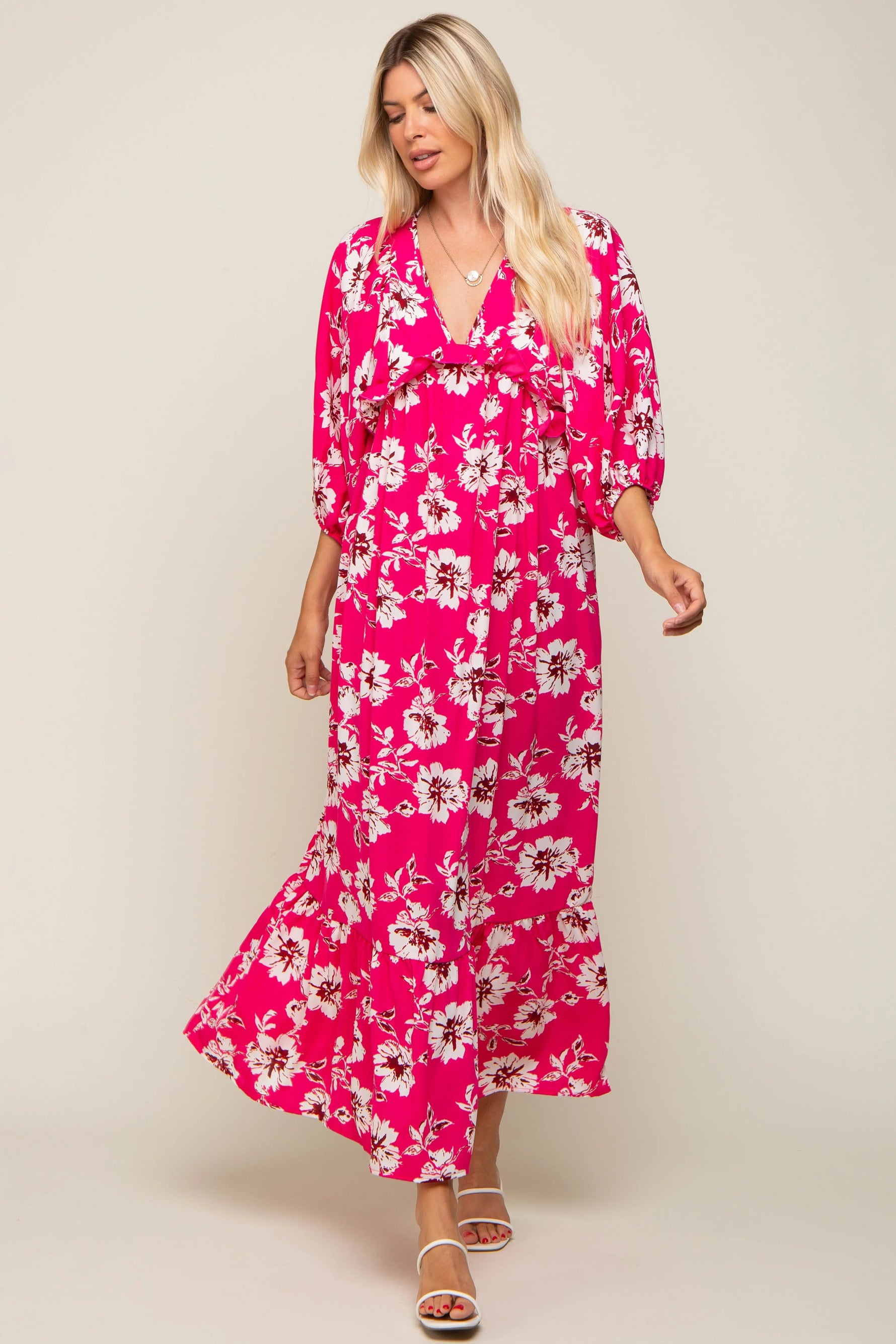 Fuchsia Floral V-Neck Dolman 3/4 Sleeve Midi Dress - Pink, Day Dress, Rose family, Geraniums, Dress | Everetts Place