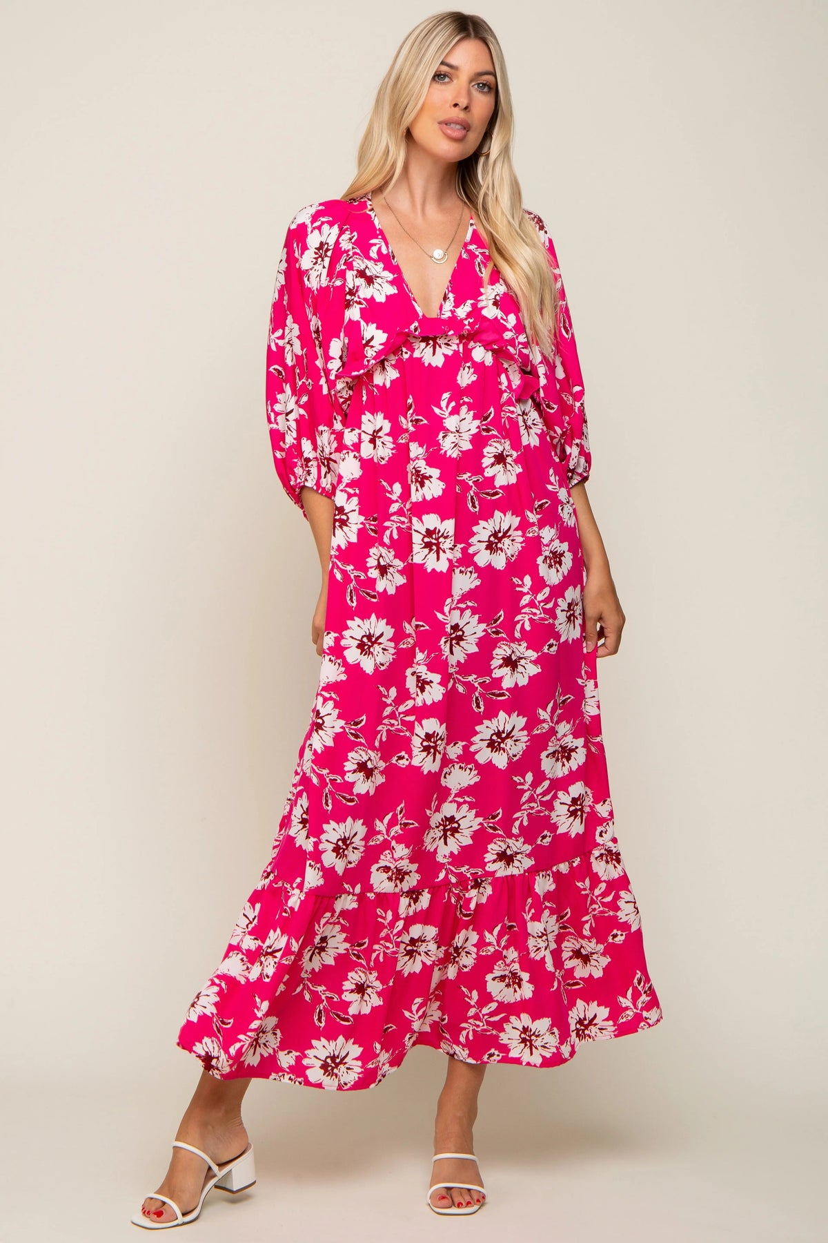 PinkBlush Fuchsia Floral V - Neck Dolman 3/4 Sleeve Midi Dress - 