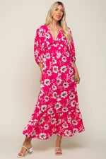 PinkBlush Fuchsia Floral V - Neck Dolman 3/4 Sleeve Midi Dress - 