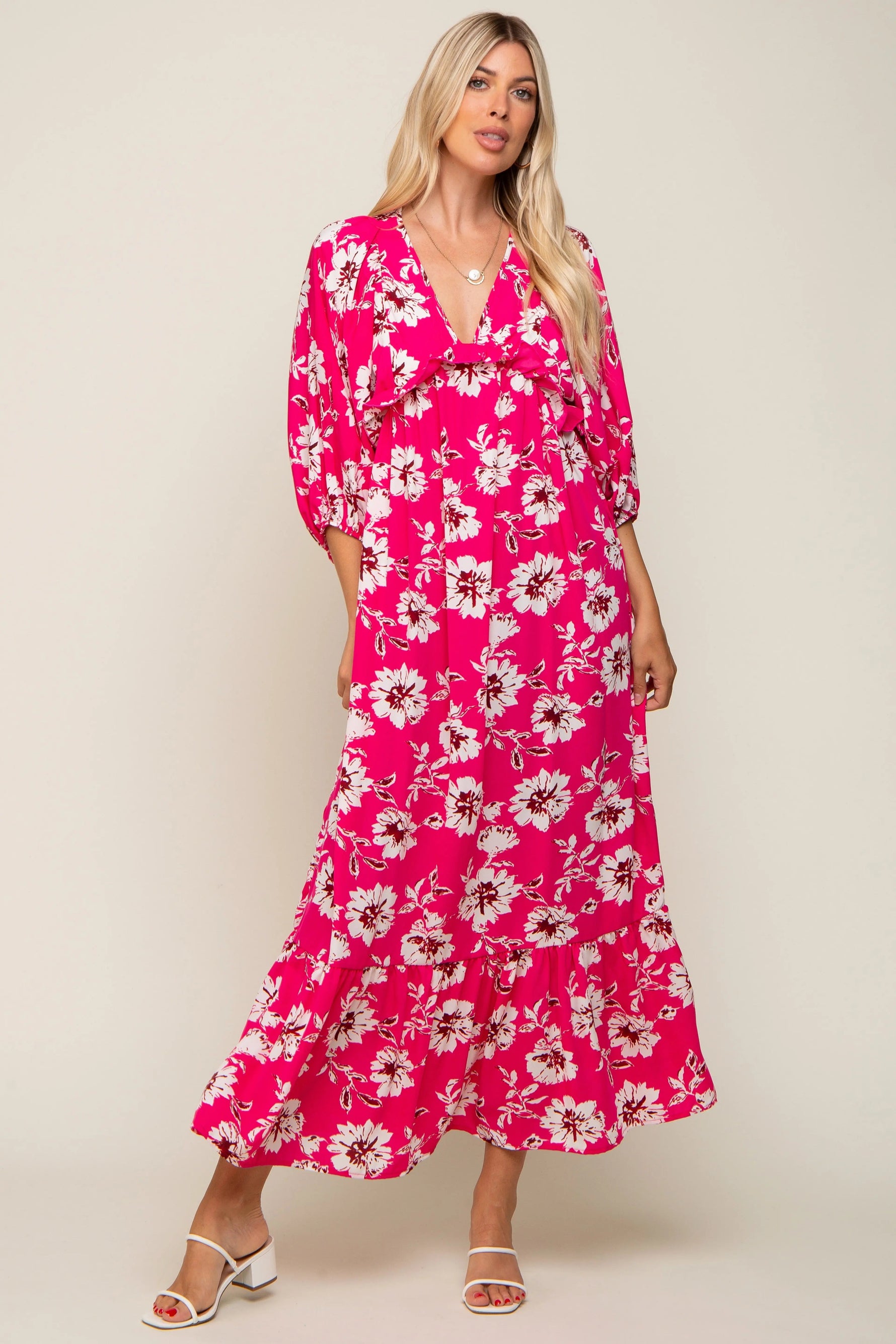PinkBlush Fuchsia Floral V - Neck Dolman 3/4 Sleeve Midi Dress - 