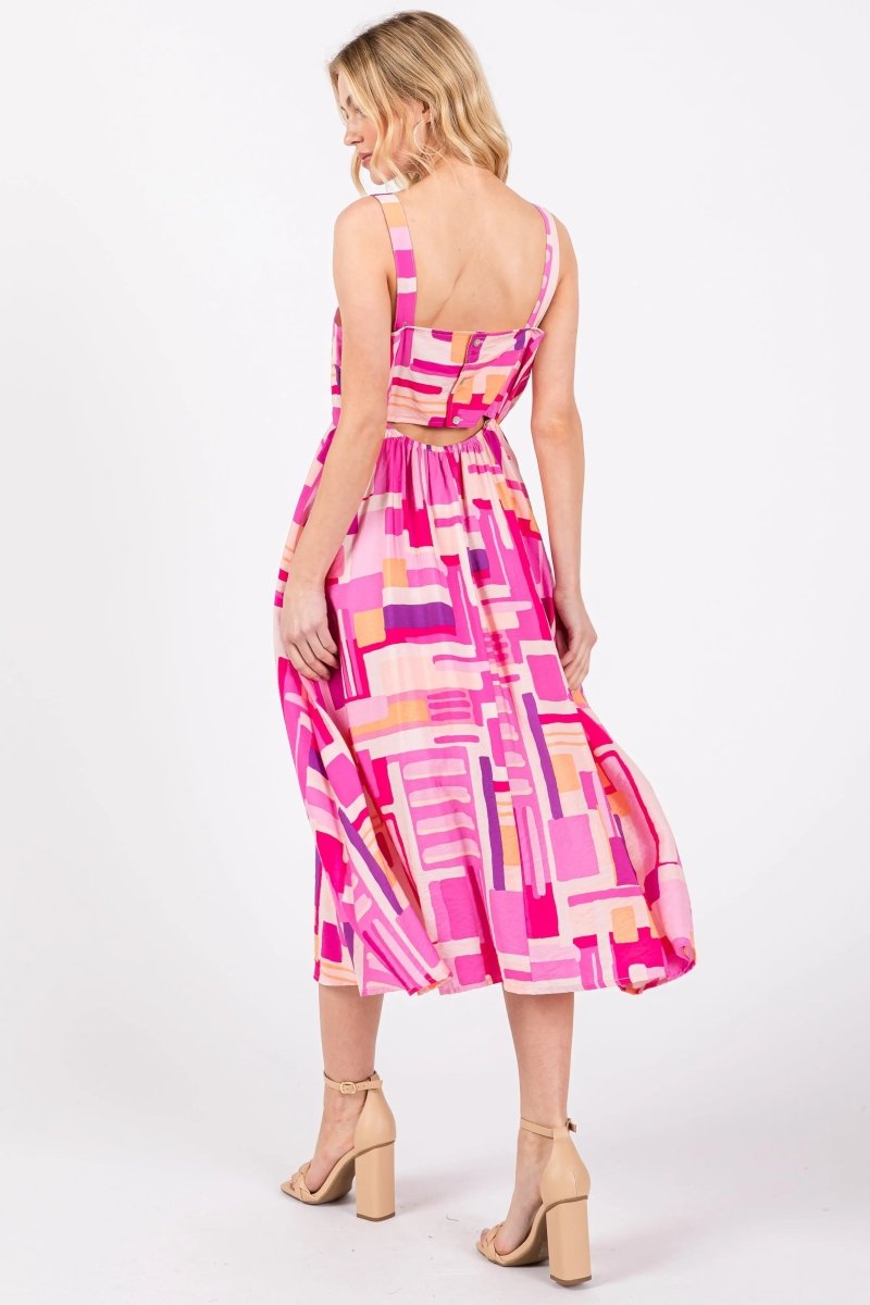 PinkBlush Fuchsia Geo Printed Midi Dress with Cut Out Back for Fashionable Women - 