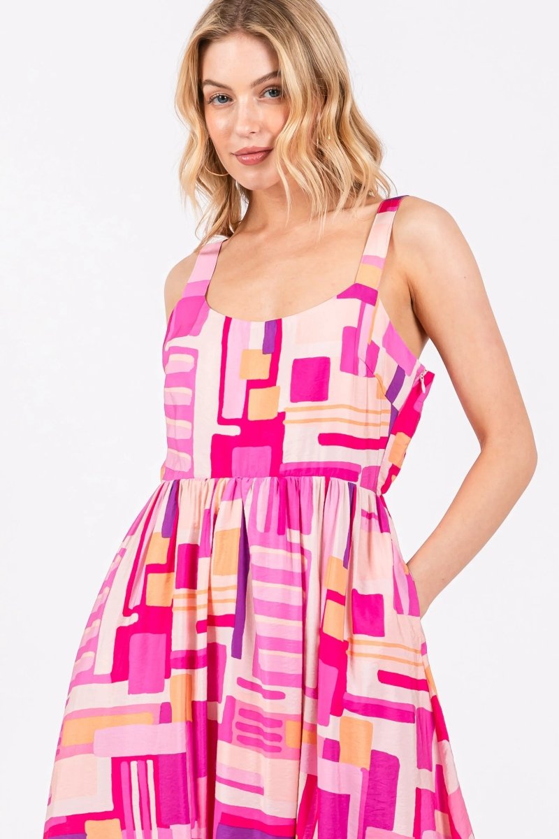 PinkBlush Fuchsia Geo Printed Midi Dress with Cut Out Back for Fashionable Women - 