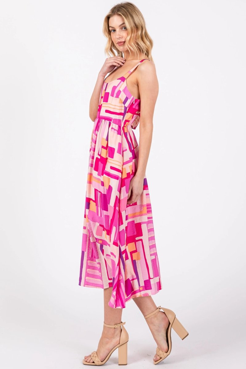 PinkBlush Fuchsia Geo Printed Midi Dress with Cut Out Back for Fashionable Women - 