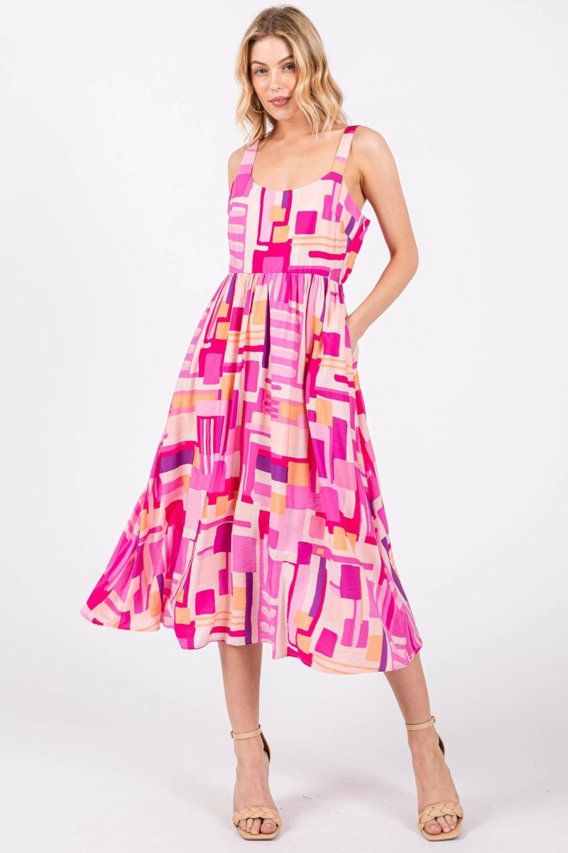 PinkBlush Fuchsia Geo Printed Midi Dress with Cut Out Back for Fashionable Women - 