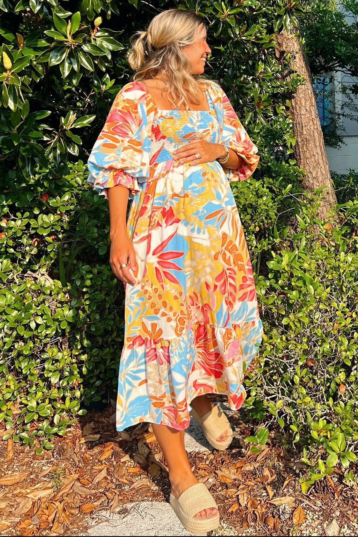 PinkBlush Fuchsia Leaf Print Puff Sleeve Smocked Maternity Midi Dress - 