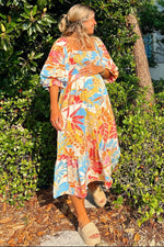 PinkBlush Fuchsia Leaf Print Puff Sleeve Smocked Maternity Midi Dress - 