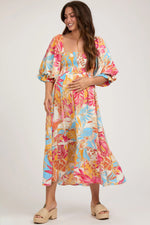 PinkBlush Fuchsia Leaf Print Puff Sleeve Smocked Maternity Midi Dress - 