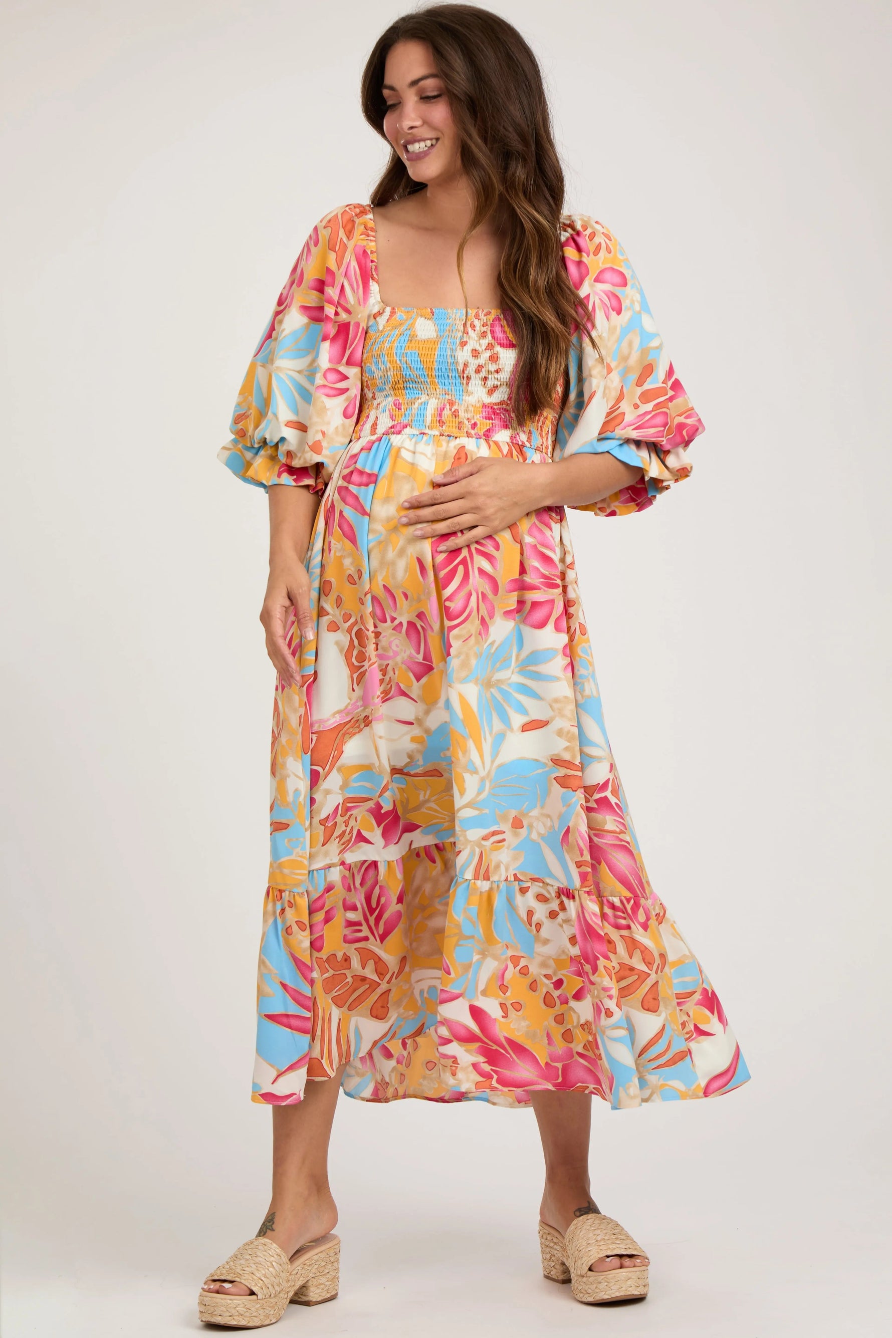 PinkBlush Fuchsia Leaf Print Puff Sleeve Smocked Maternity Midi Dress - 