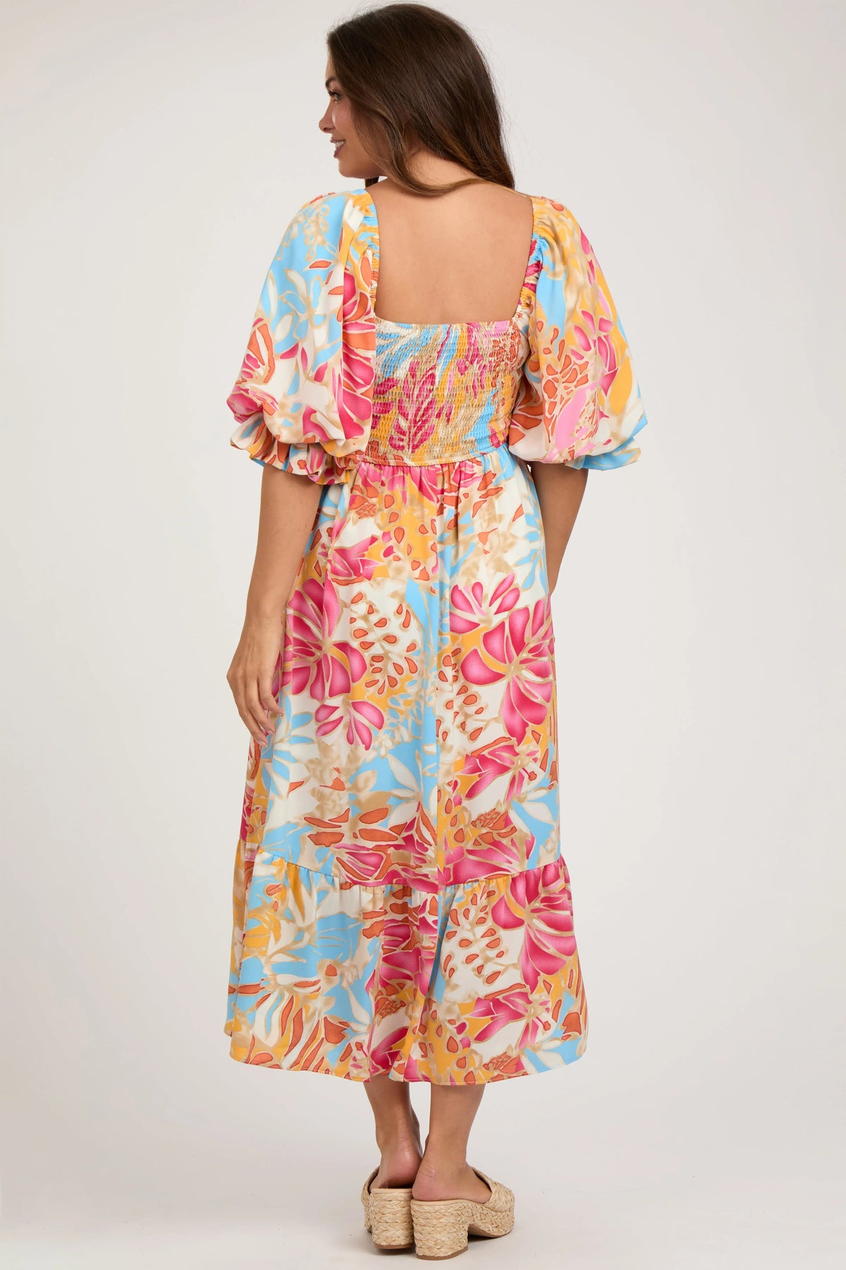 PinkBlush Fuchsia Leaf Print Puff Sleeve Smocked Maternity Midi Dress - 