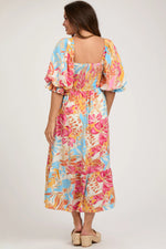 PinkBlush Fuchsia Leaf Print Puff Sleeve Smocked Maternity Midi Dress - 