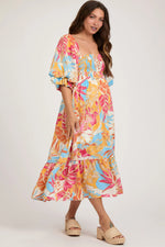 PinkBlush Fuchsia Leaf Print Puff Sleeve Smocked Maternity Midi Dress - 