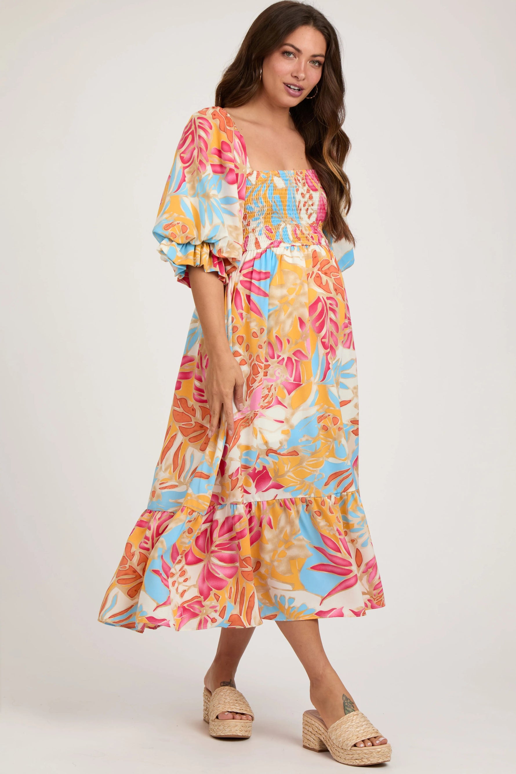 PinkBlush Fuchsia Leaf Print Puff Sleeve Smocked Maternity Midi Dress - 