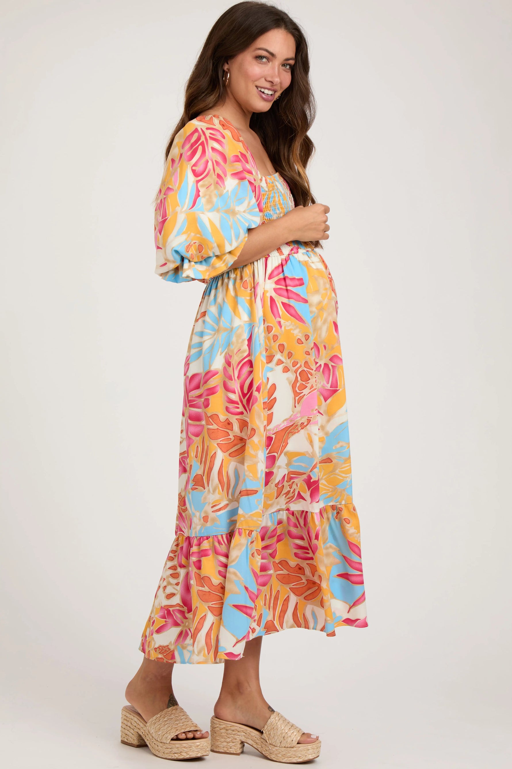 PinkBlush Fuchsia Leaf Print Puff Sleeve Smocked Maternity Midi Dress - 