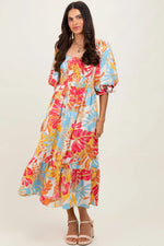 PinkBlush Fuchsia Leaf Print Puff Sleeve Smocked Maternity Midi Dress - 