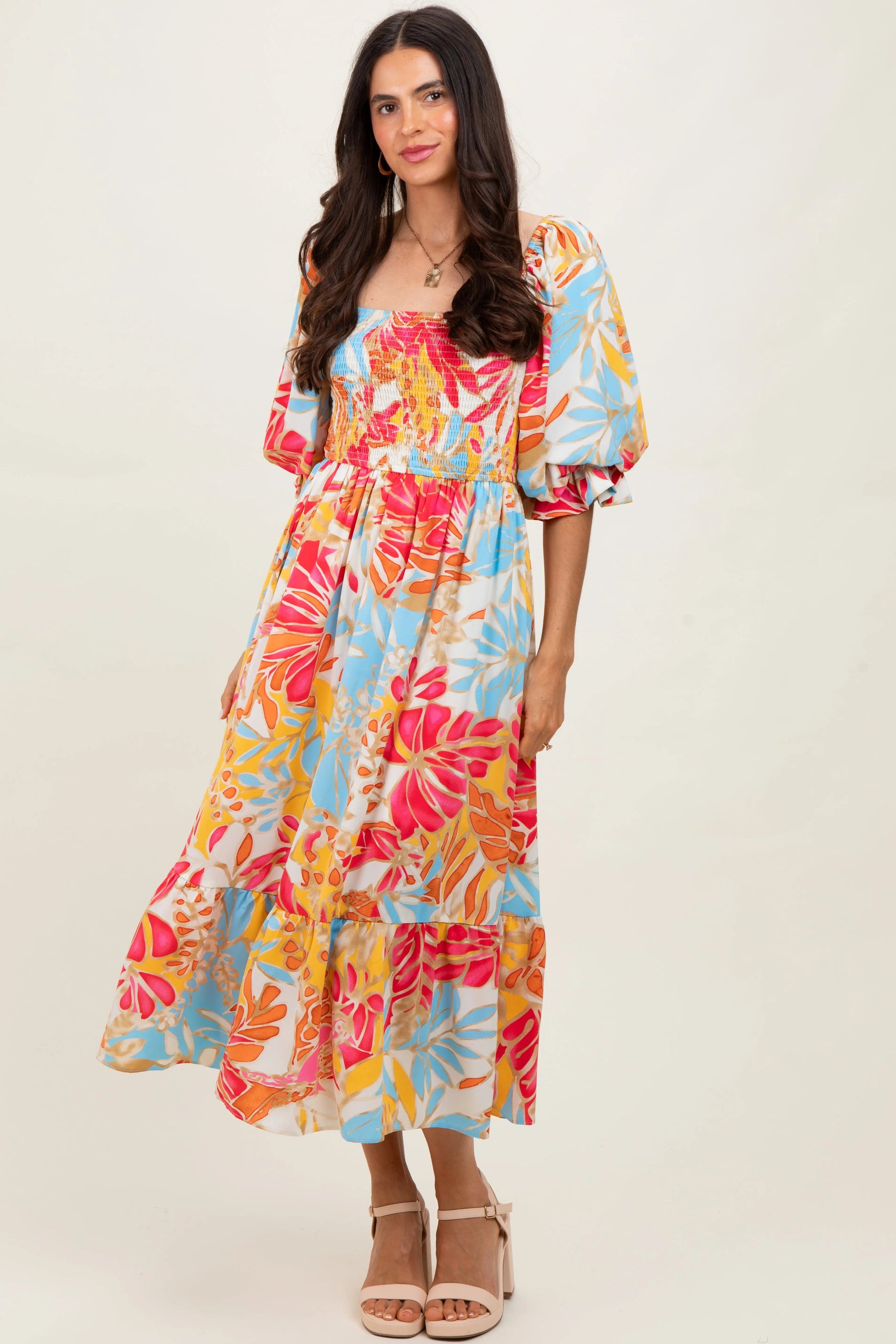PinkBlush Fuchsia Leaf Print Puff Sleeve Smocked Maternity Midi Dress - 