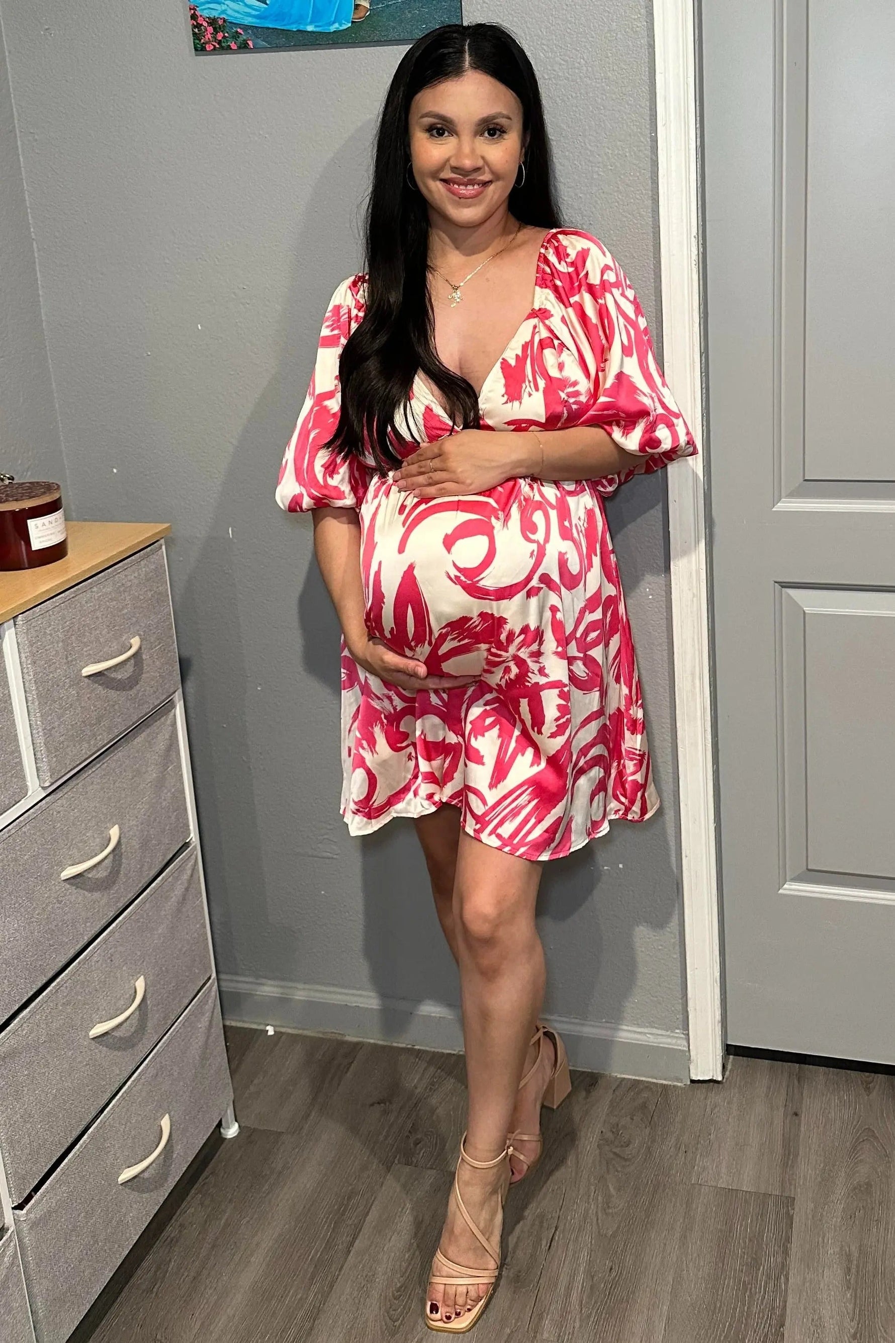 PinkBlush Fuchsia Printed Bubble Sleeve Sweetheart Maternity Dress - 